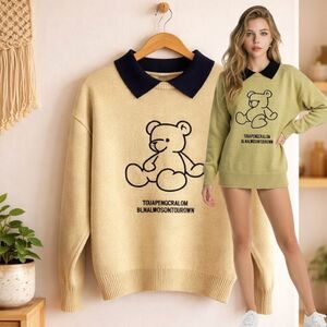 🛍️ Women’s Vintage 90s Teddy Bear Collared Knit Sweater Size LARGE